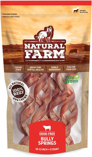 Natural Farm Odor-Free Curly Bully Sticks (10-12 Inch, 5 Pack), Fully Digestible, 100% Beef Pizzle Chews, More Engagement & Fun, Grass-Fed, Non-Gmo, Fully Digestible - Best For Small & Medium Chewers