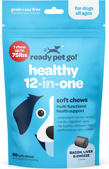 Multivitamin Chews for Dogs Pets Healthy 12-in-One - Glucosamine, CoQ10, Biotin, D, C & B Vitamins for Improved Digestion, Hip & Joint Support Immunity Boost Skin & Coat Health - 90 Healthy Pet Chews
