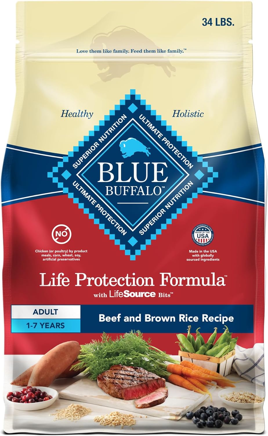 Blue Buffalo Life Protection Formula Adult Dry Dog Food, Helps Build And Maintain Strong Muscles, Made With Natural Ingredients, Beef & Brown Rice Recipe, 34-Lb. Bag