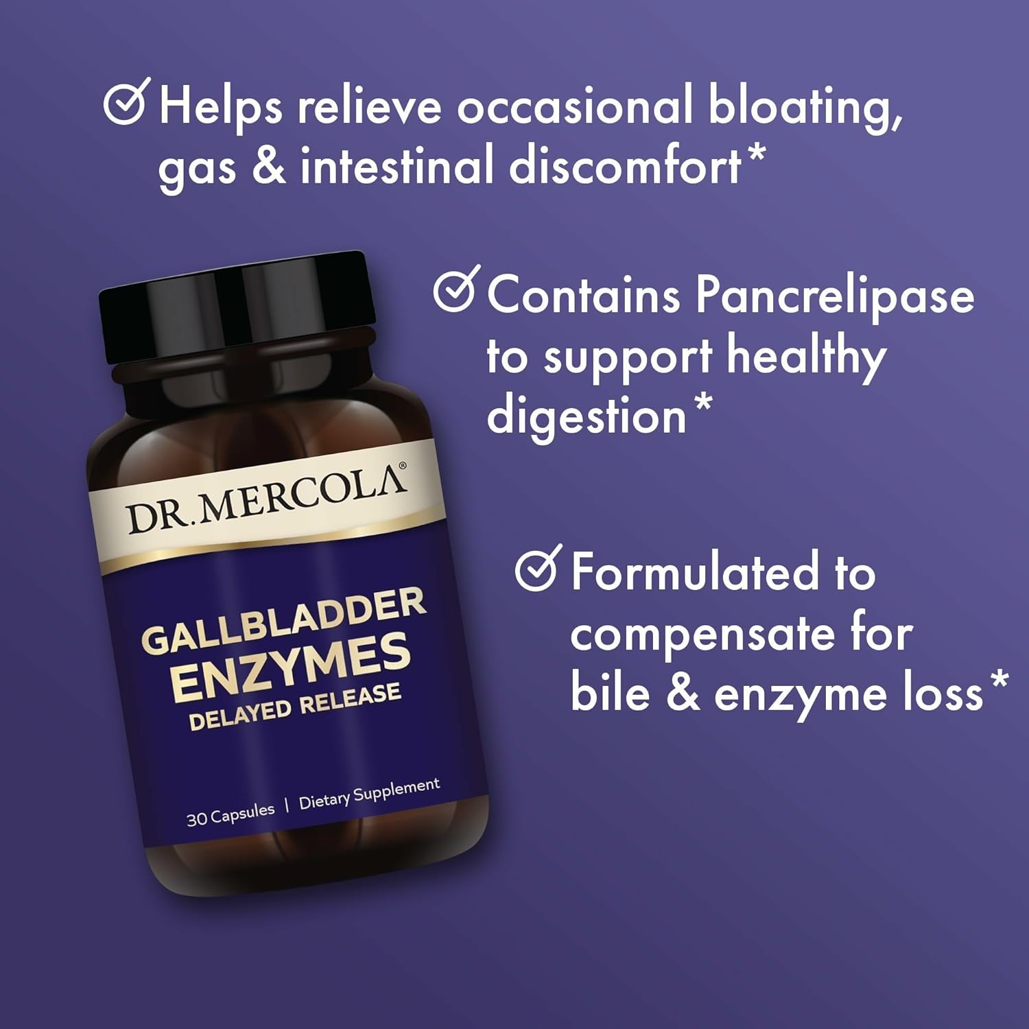 Dr. Mercola Gallbladder Enzymes - Gallbladder & Digestive Health Support - Includes Pancreatic Protease, Amylase & Lipase - Non-Gmo, Gluten-Free & Soy-Free - 30 Delayed Release Capsules (30 Servings) : Health & Household