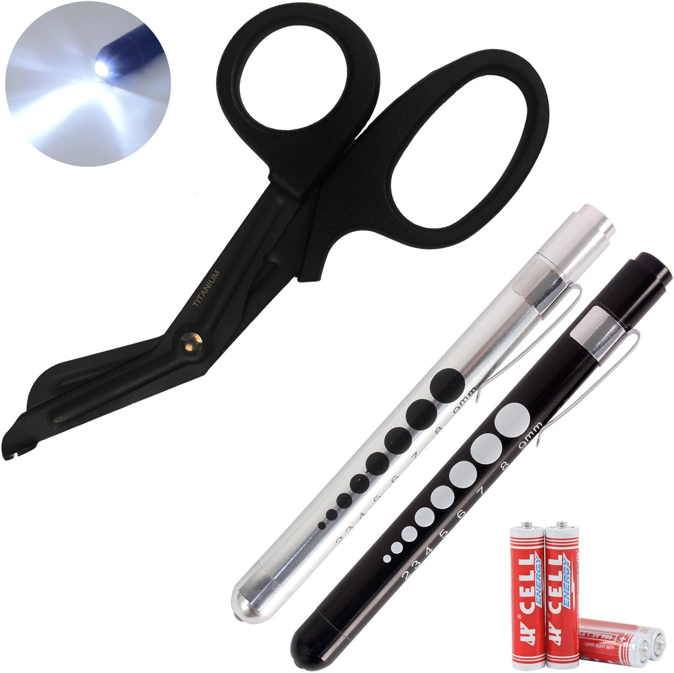 Ever Ready First Aid Emt Combo Set, Autoclavable Titanium Bonded Bandage Shears & Set Of 2 Led Medical Pen Lights - Black And Silver