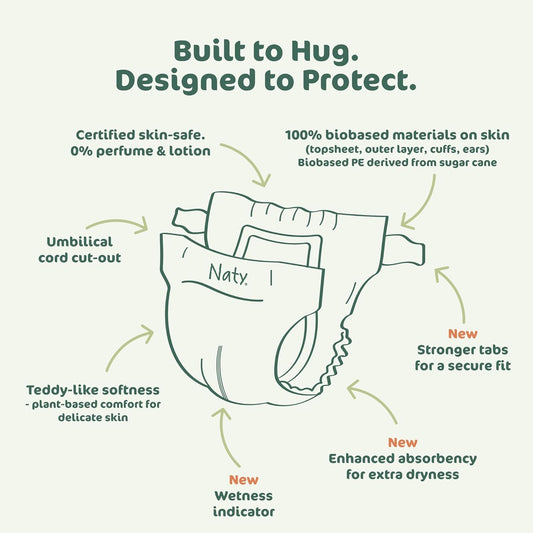 Naty Bioembrace Baby Newborn Diapers Size 1 (4–11 Lbs) | 100% Biobased On Skin | Plant-Based Softness | Dermatologically Tested, Super Absorbent | 100 Count