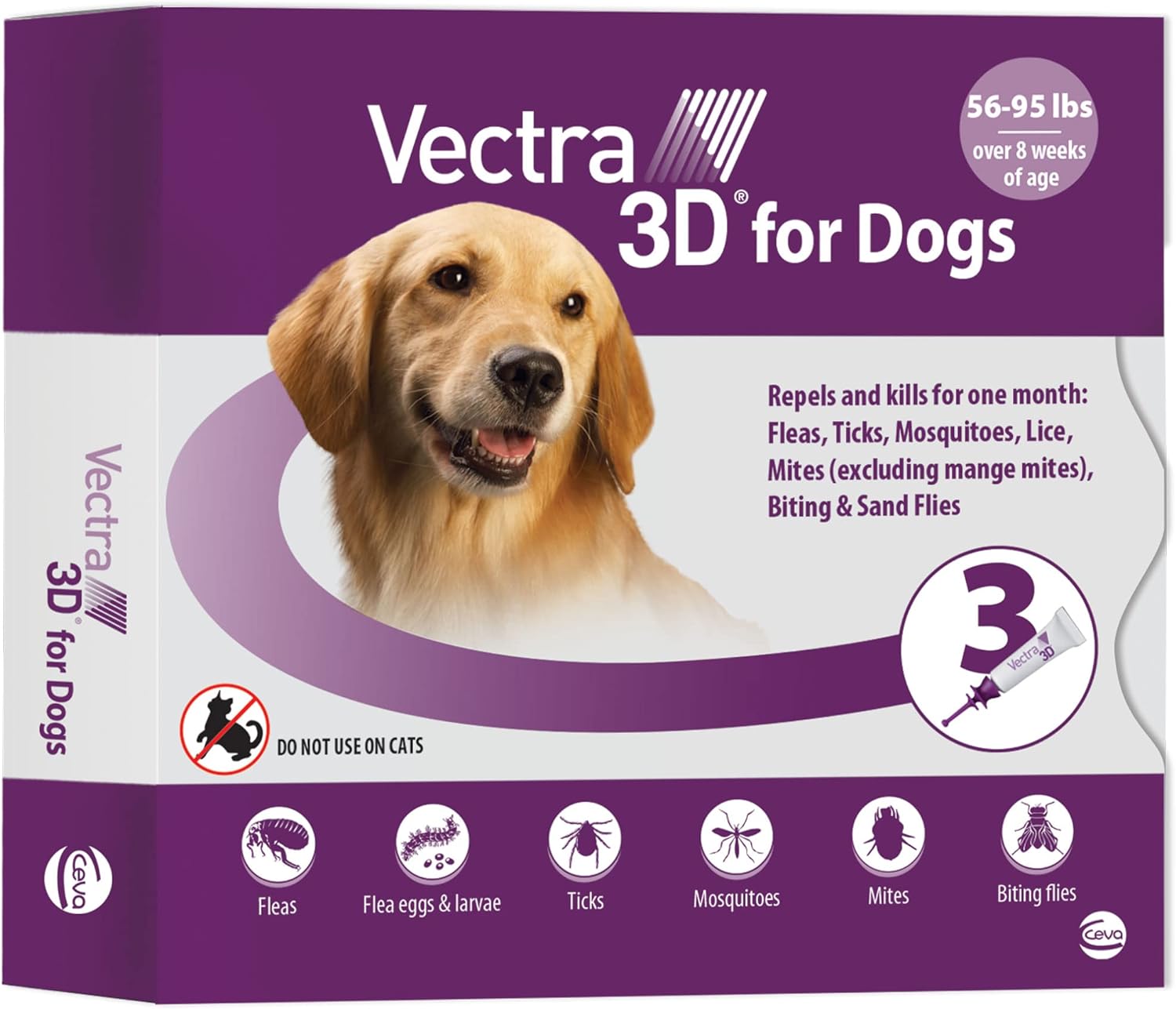 Vectra 3D for Dogs Flea, Tick & Mosquito Treatment & Prevention for Large Dogs (56 to 95 lbs) , 3 month supply