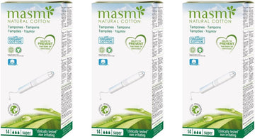 3 x 14 Masmi Super Applicator Cotton Tampons Certified Organic Hypoallergenic, Biodegradable, Cardboard Applicator, Free of Perfume Viscose Rayon Chlorine and Dioxin (Triple Pack)