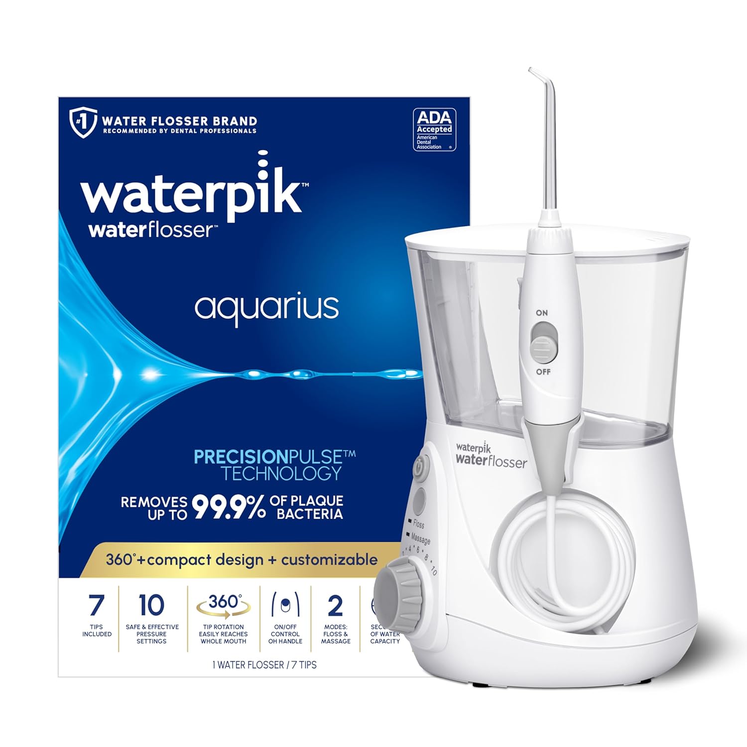 Waterpik Aquarius Water Flosser Professional For Teeth, Gums, Braces, Dental Care, Electric Power With 10 Settings, 7 Tips For Multiple Users And Needs, Ada Accepted, White Wp-660, Packaging May Vary