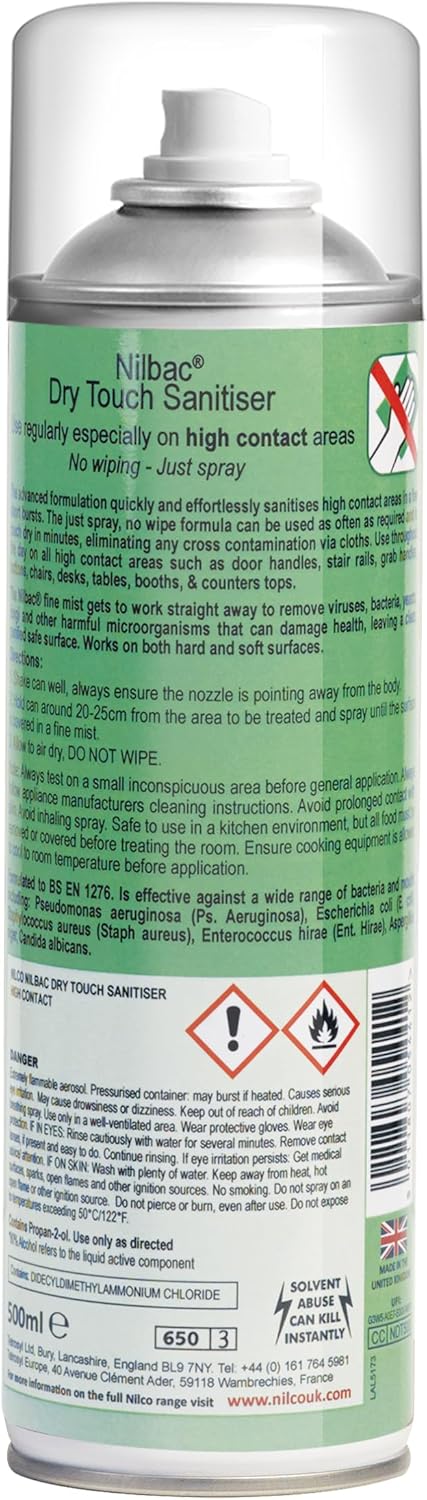 Nilco Nilbac ‘Dry Touch Sanitiser’ 500ml HIGH CONTACT frequent use aerosol with Virus Guard Nilcology NO WIPING JUST SPRAY KILLS 99.9% of Bacteria : Amazon.co.uk: Grocery