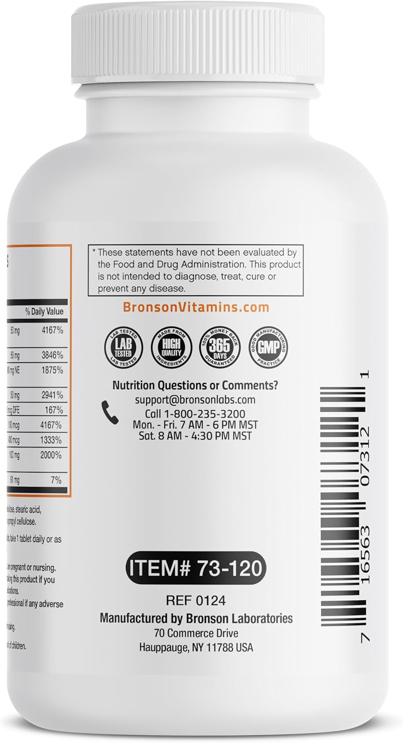 Bronson Super B Vitamin B Complex Sustained Slow Release (Vitamin B1, B2, B3, B6, B9 - Folic Acid, B12) Contains All B Vitamins 120 Tablets : Health & Household