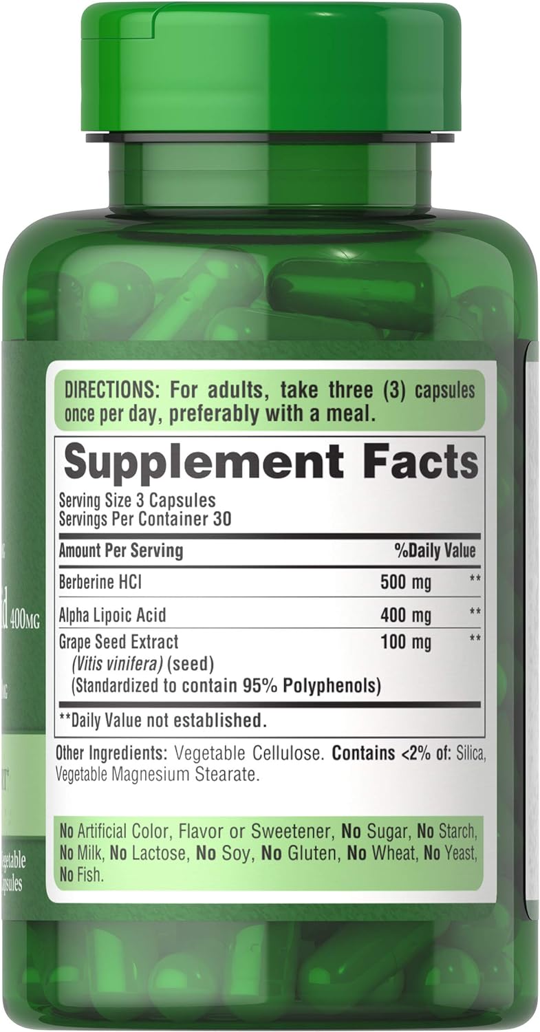 Puritan's Pride Berberine, Alpha Lipoic Acid & Grape Seed, Promotes Antioxidant Support, 90 Vegetable Capsules : Health & Household