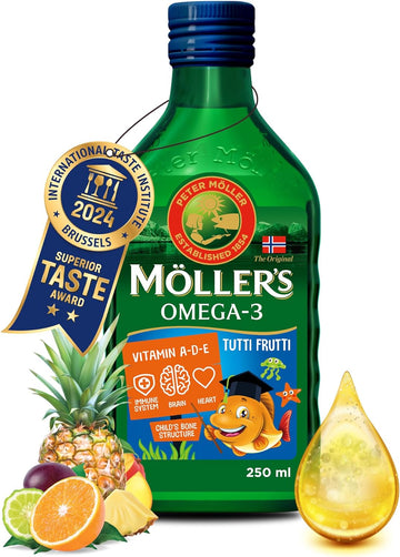 Moller’s ® | Omega 3 for kids Cod Liver Oil | Nordic Omega-3 Dietary Supplements with EPA, DHA, Vitamin A, D & E | Pure, Natural cod Liver Oil Liquid | 166-year-old-brand | Tutti Frutti Taste | 250 mlMollers-7070866030124