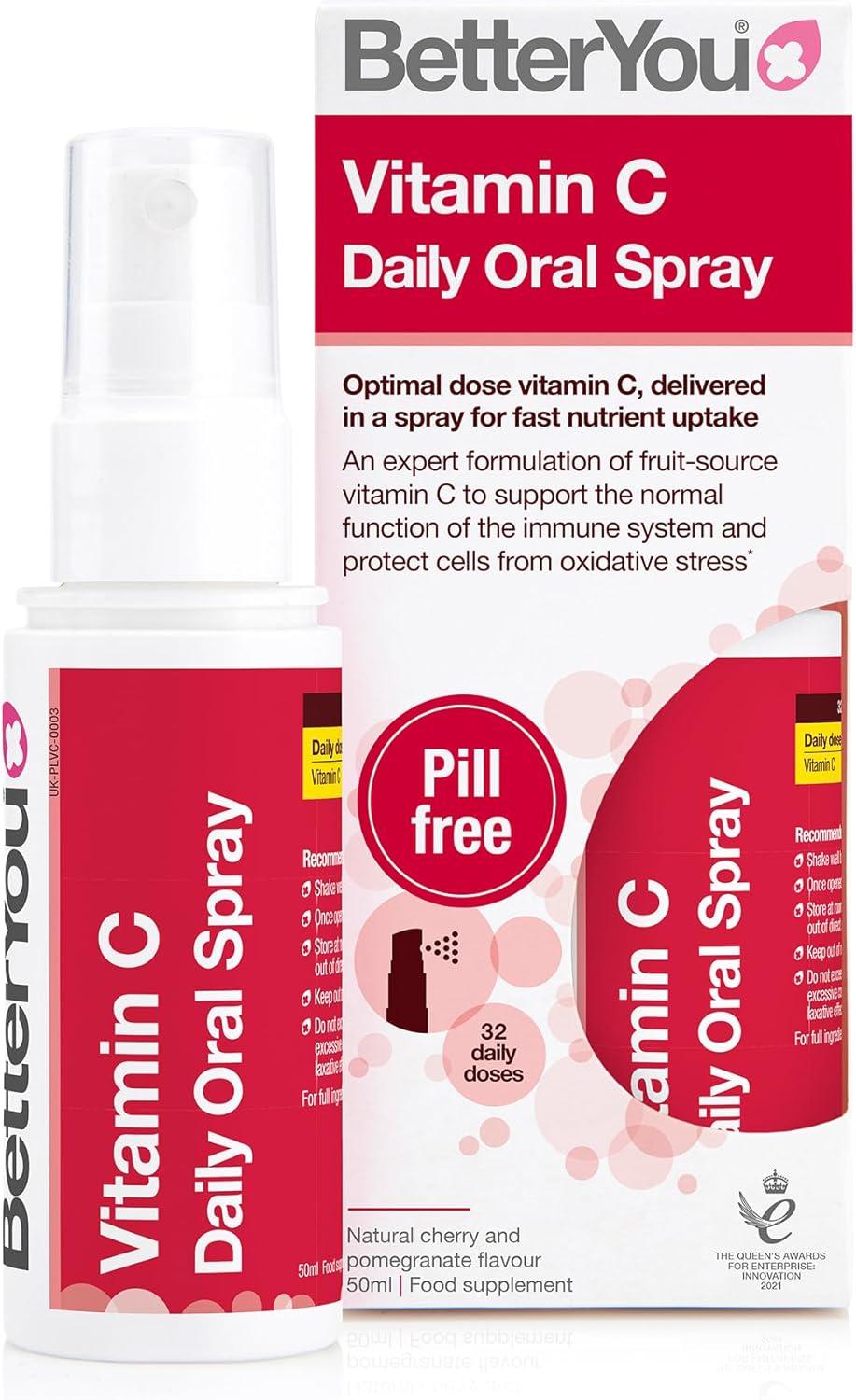 Betteryou Vitamin C Oral Spray, Fast Acting High Strength Vitamin C Supplement, Supports Immune System And Protect Cells From Oxidative Stress, 1-Month Supply, Natural Cherry & Pomegranate Flavour