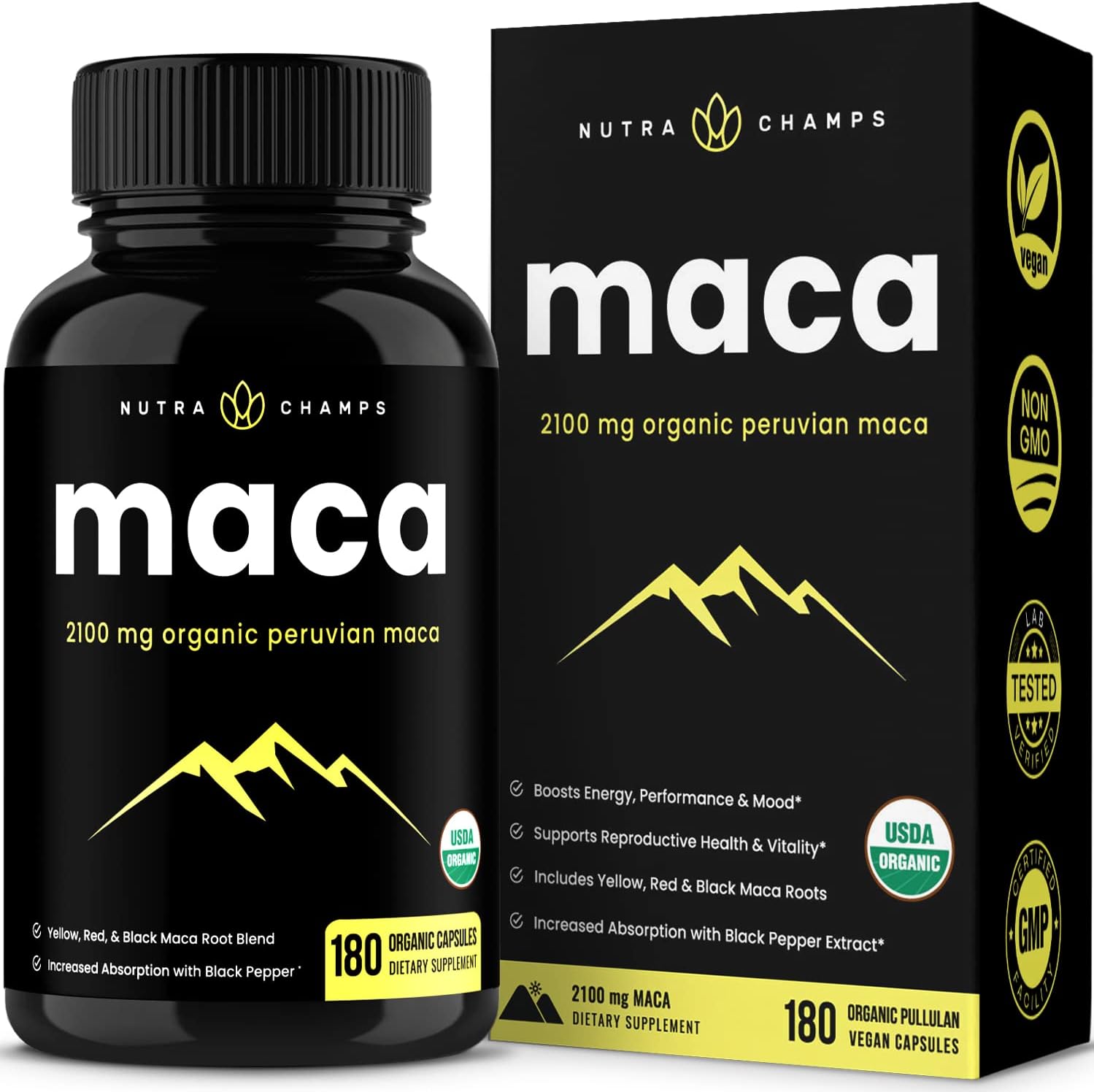 Organic Maca Root Capsules - 2100MG Peruvian Gelatinized with Black Pepper for Energy, Mood, and Reproduction - 180 Vegan Capsules