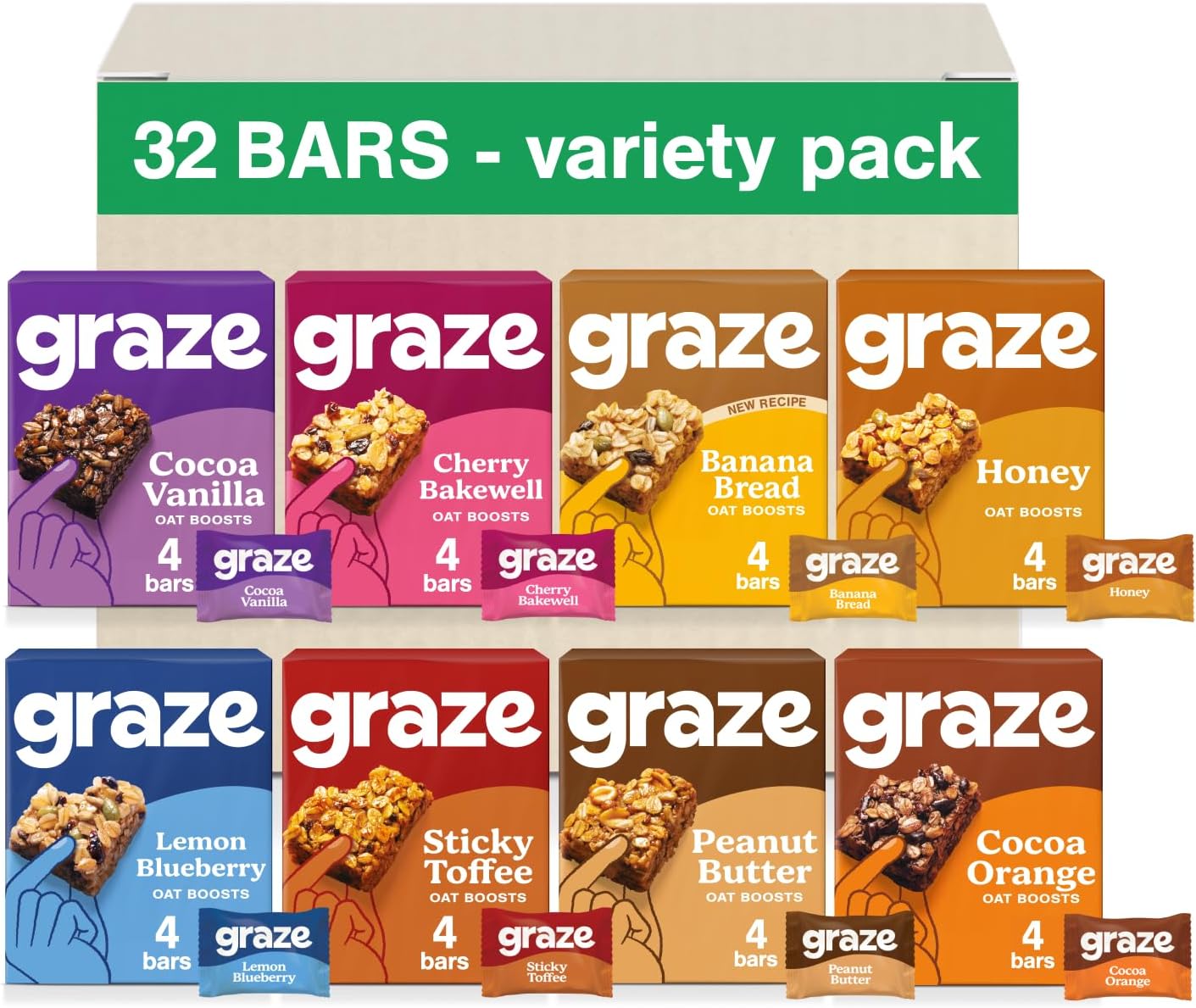 Graze - Sticky Toffee Oat Boost Bars Snacks - Vegetarian Snacks With Whole Oats And Natural Flavours - 8 Packs Of 4 Snack Bars, 32 Snacks Total