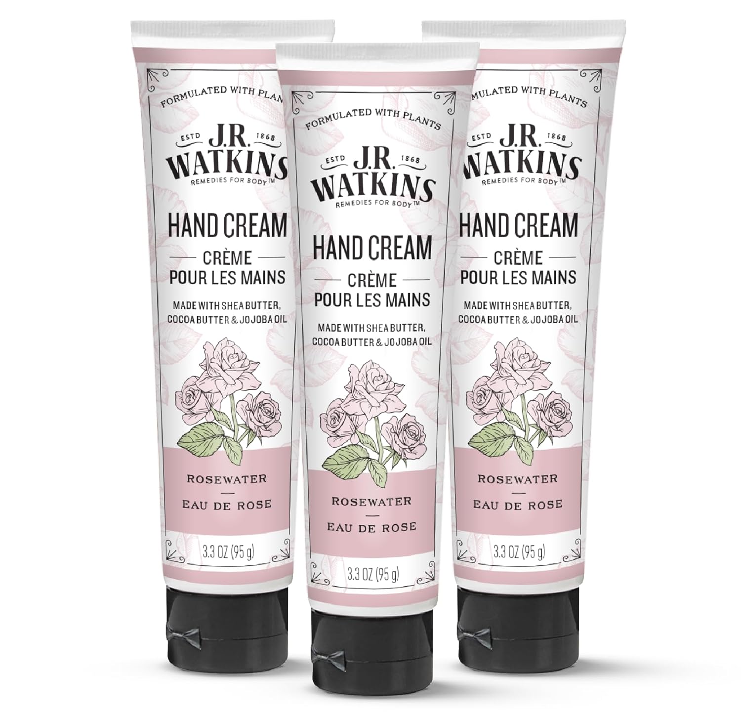 J.R. Watkins Natural Moisturizing Hand Cream, Hydrating Hand Moisturizer With Shea Butter, Cocoa Butter, And Avocado Oil, Usa Made And Cruelty Free, 3.3Oz, Rosewater, 3 Pack