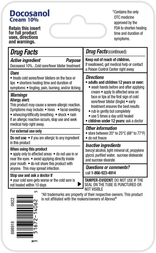 Taro Cold Sore/Fever Blister Treatment - Docosanol 10% Cream (0.07 Oz - 2 Tube)