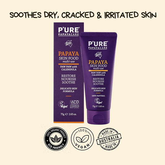 Paw Paw Skin Food 75G - P'Ure Papayacare Face And Body Organic Lotion For Dry Skin | 100% Natural Cream And Lotion Treatment For Eczema & Repair Dry Skin With Shea Butter & Calendula