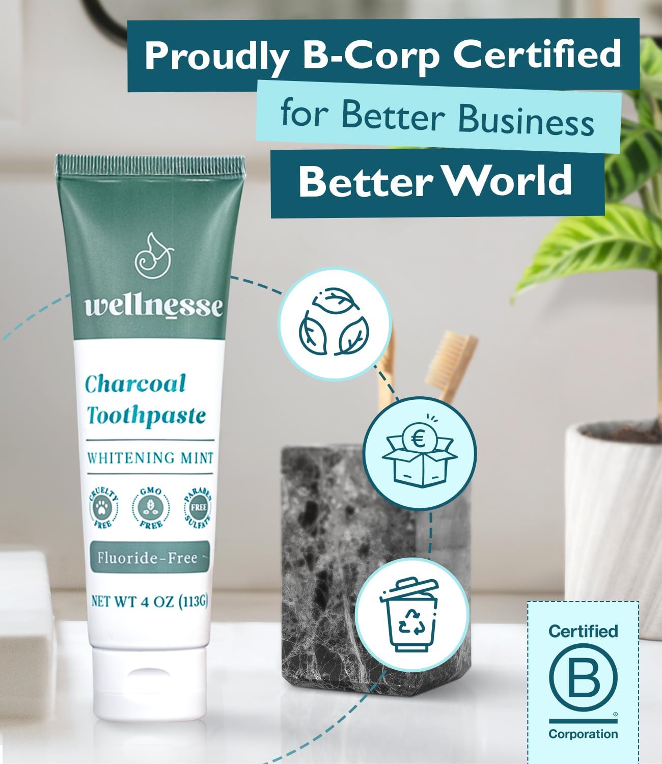 Wellnesse Activated Charcoal Whitening Toothpaste with Xylitol - Natural Teeth Whitening & Breath Freshness + Fluoride-Free, Vegan, No Glycerin - Whitens, Strengthens, & Purifies : Health & Household