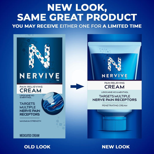 Nervive Nerve Care, Pain Relieving Cream, Max Strength Non-Greasy Topical Pain Reliever With Lidocaine And Menthol For Toes, Feet, Fingers, Hands, Legs & Arms, 3.0Oz