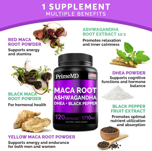 6-in-1 Organic Maca Root & Ashwagandha Capsules 1710mg w/DHEA & Black Pepper Fruit Extract - Maca Root Capsules for Women & Men - Stamina, Bone and Mood Support Supplement,120 Capsules (40 Servings)