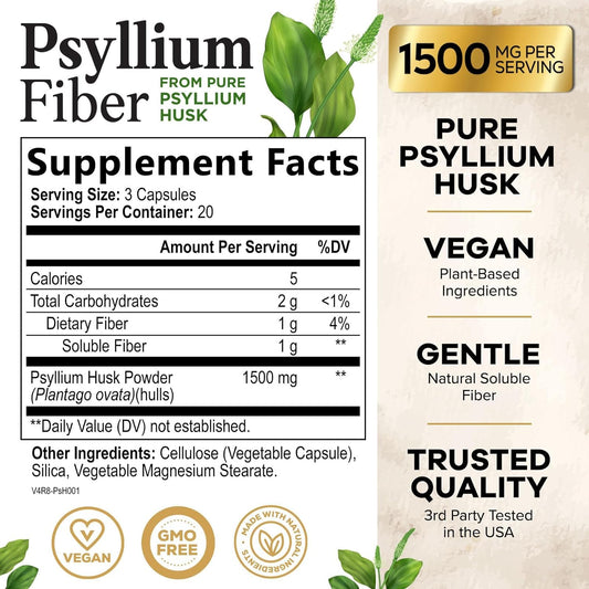 High Absorption Psyllium Husk Capsules 1500mg, Natural Soluble Fiber Supplement Non-GMO Gluten Free Digestive Support, Psyllium Fiber Caps Support Digestion & Regularity - 60 Capsules