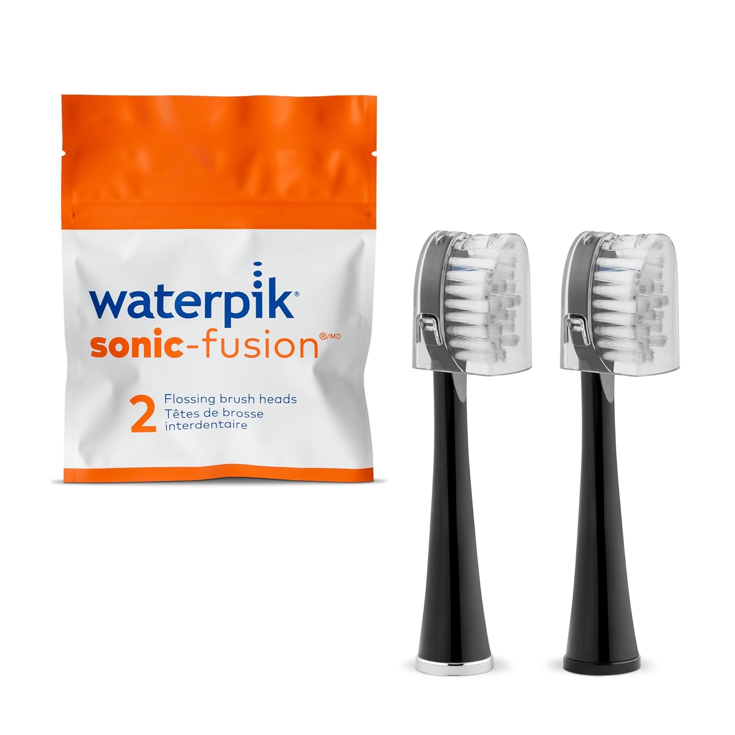 Waterpik Genuine Full Size Replacement Brush Heads With Covers For Sonic-Fusion Flossing Toothbrush Sffb-2Eb, 2 Count Black