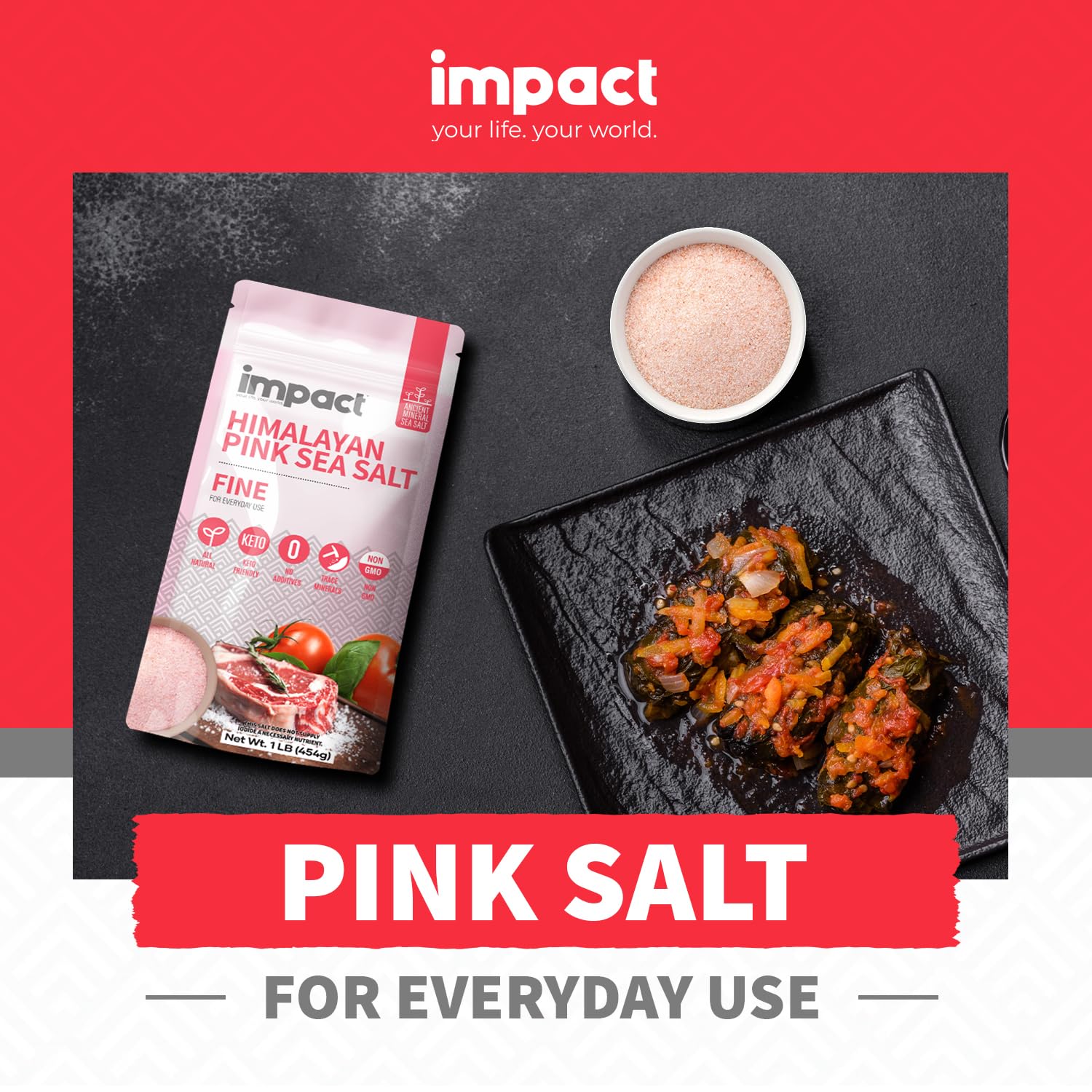 Impact Himalayan Pink Sea Salt Fine 1Lb Pouch - No Additives, Rich In Trace Minerals, Non-Gmo, Gluten-Free. Ideal For Keto, Fasting & Everyday Cooking. Pure Himalayan Source- Ancient Mineral Sea Salt