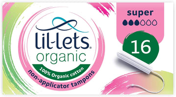 Lil-Lets Organic Non-Applicator Super Tampons, 16 Count (Pack of 1), for Medium to Heavy Flow, Made with 100% Organic Cotton, GOTS Certified, Vegan Organic Tampons, Plastic Free Period Care