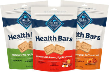 Blue Buffalo Health Bars Natural Crunchy Dog Treats Biscuits, Apple & Yogurt, Pumpkin & Cinnamon, and Bacon, Egg, & Cheese 16-oz Variety Pack, 3Ct