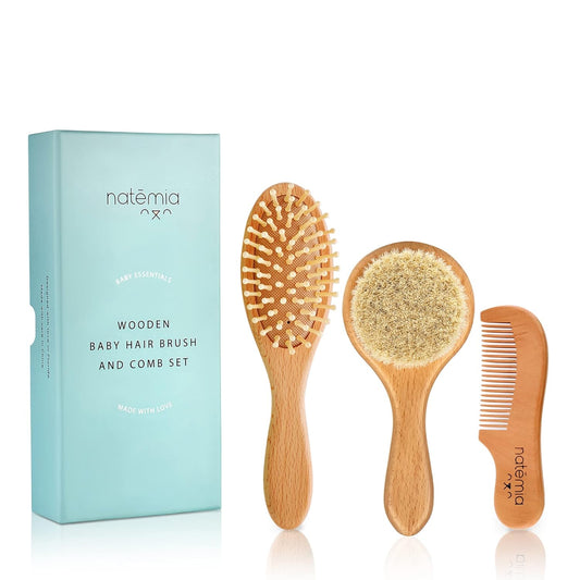 Natemia Wooden Baby Hair Brush Set + Skincare Set - Bathtime Skincare - Perfect Baby Registry Gift
