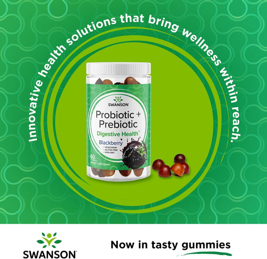 Swanson Probiotic + Prebiotic Gummies - Digestive Support Supplement Promoting Digestive Function & Bowel Regularity - Helps to Support Immune Health - (BlackBerry, 60 Gummies) (2 Pack)