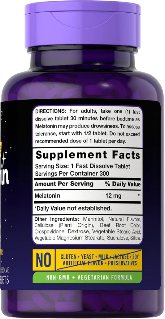 Carlyle Melatonin 12 Mg Fast Dissolve 300 Tablets | Drug Free | Natural Berry Flavor | Vegetarian, Non-Gmo, Gluten Free