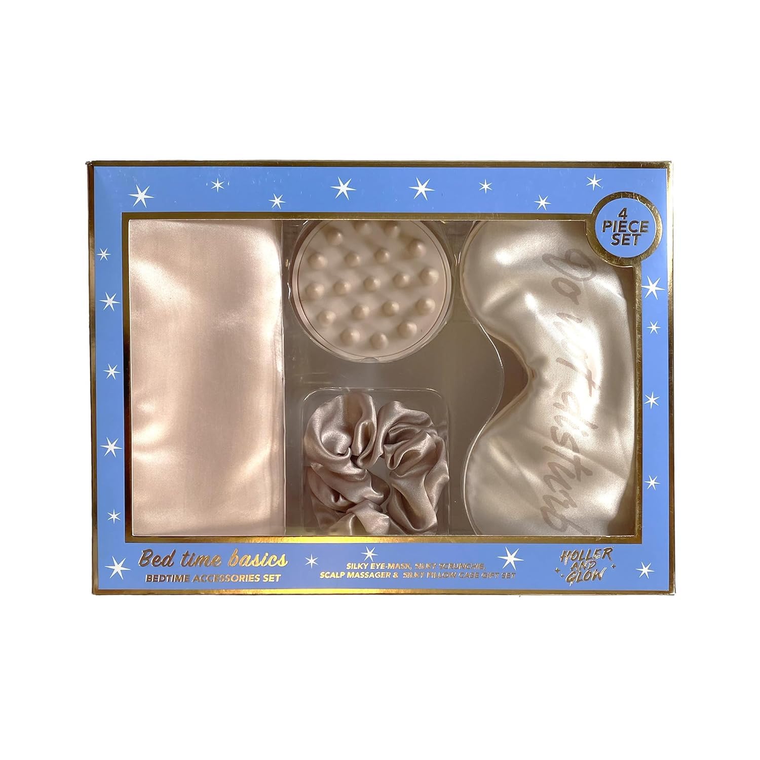Holler & Glow Bedtime Basics Accessories Set, Limited Edition, Sleep Eye Mask, Silk Scrunchie, Hair Growth Scalp Massager, Satin Pillowcase, Beauty Sleep For Women & Mother’S, 4 Piece Gift Set : Beauty & Personal Care