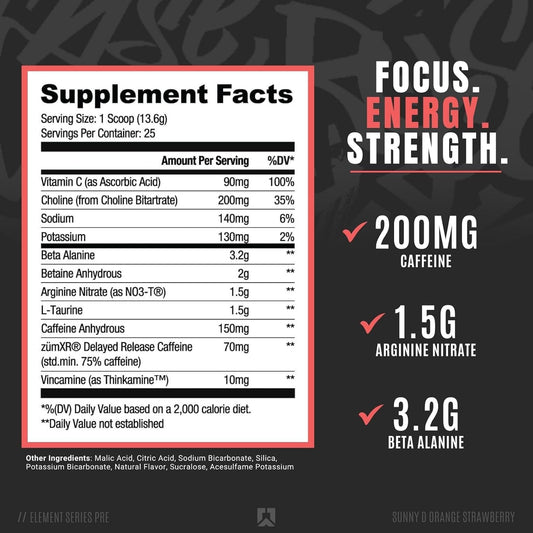 RYSE Up Supplements Element Series Pre-Workout | Everyday Pre-Workout | Beta Alanine, NO3-T Nitrates | 200mg Caffeine | 25 Servings (Sunny D Orange Strawberry)