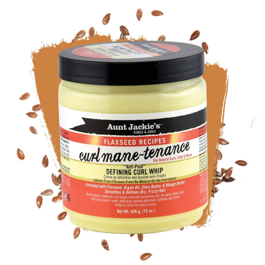 Aunt Jackie'S Flaxseed Recipes Curl Mane-Tenance, Lightwieght Anti-Poof Defining Curl Whip, Enriched With Flaxseed, Argan Oil And Shea Butter, Great For Dry And Frizzy Hair, 15 Oz Jar, Orange