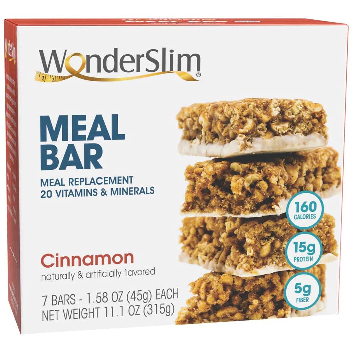 Wonderslim Meal Replacement Protein Bar, Cinnamon, 15G Protein, 20 Vitamins & Minerals, Gluten Free (7Ct)