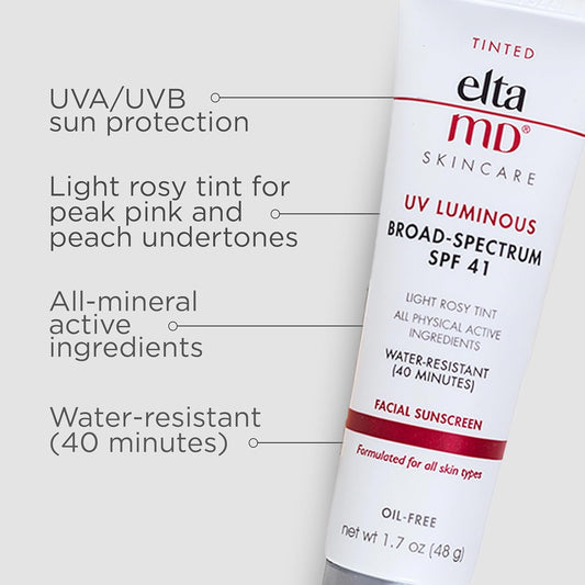 Eltamd Uv Luminous Tinted Face Sunscreen And Primer, Spf 41 Rosy Tinted Mineral Sunscreen With Zinc Oxide, 1.7 Oz Tube