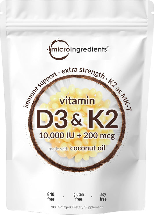 Micro Ingredients Vitamin D3 10,000Iu + K2 200Mcg Coconut Oil Softgels & Instant Colostrum Powder Bundle 2 Pack | Essential Sunshine Vitamins | Grass-Fed Bovine Mother’S First Milk
