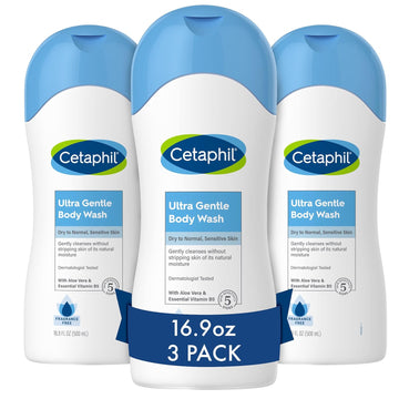 Cetaphil Ultra Gentle Refreshing Body Wash, For Dry To Normal, Sensitive Skin, Mother's Day Gifts, Aloe Vera, Vitamin B5, Hypoallergenic, Dermatologist Tested, Fragrance Free, 16.9oz Pack of 3