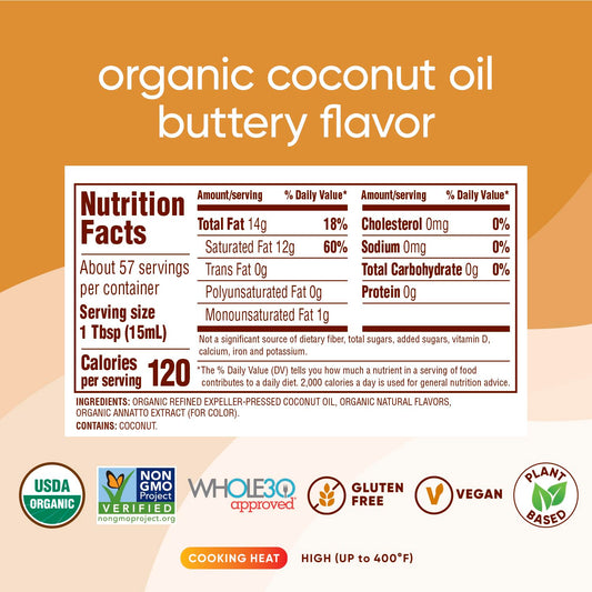 Nutiva Organic Coconut Oil with Non-Dairy Butter Flavor, 29 Fl. Oz. USDA Organic, Non-GMO, Whole 30 Approved, Vegan & Gluten-Free, Plant-Based Replacement for Butter