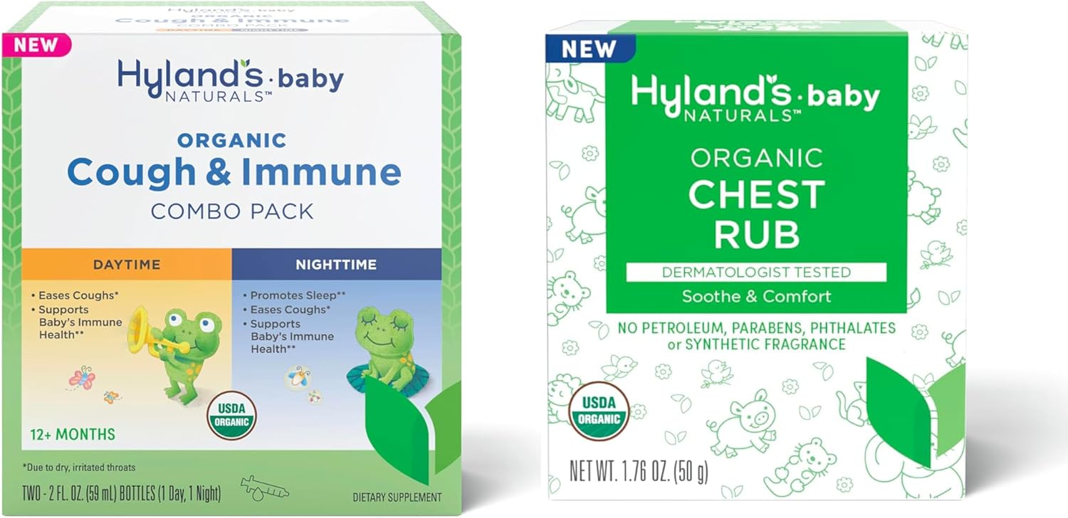 Hyland'S Baby Organic Cough & Immune Day & Night Combo Pack, Eases Coughs, Supports Immunity, Promotes Sleep + Chest Rub, Soothe & Comfort Organic Lavender, Peppermint, & Chamomile Flower Oil