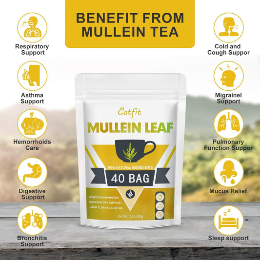 Mullein Leaf Herbal Tea For Respiratory Support, Mullen Tea For Lung Cleanse, Iymphatic Cleanse & Detox And Immune Support - No Caffeine, Non-Gmo - 40 Tea Bags