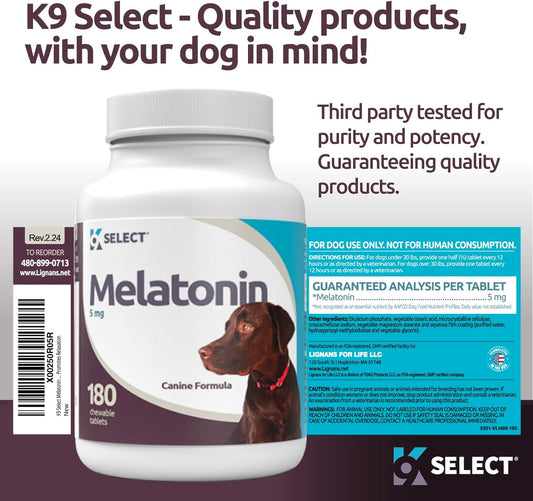 K9 Select Melatonin For Dogs, 5 Mg - 180 Tablets - Dog Melatonin For Larger Breeds - Gentle Well-Being Enhancer - Healthy, Tasty Dog Treats That Promote Overall Health