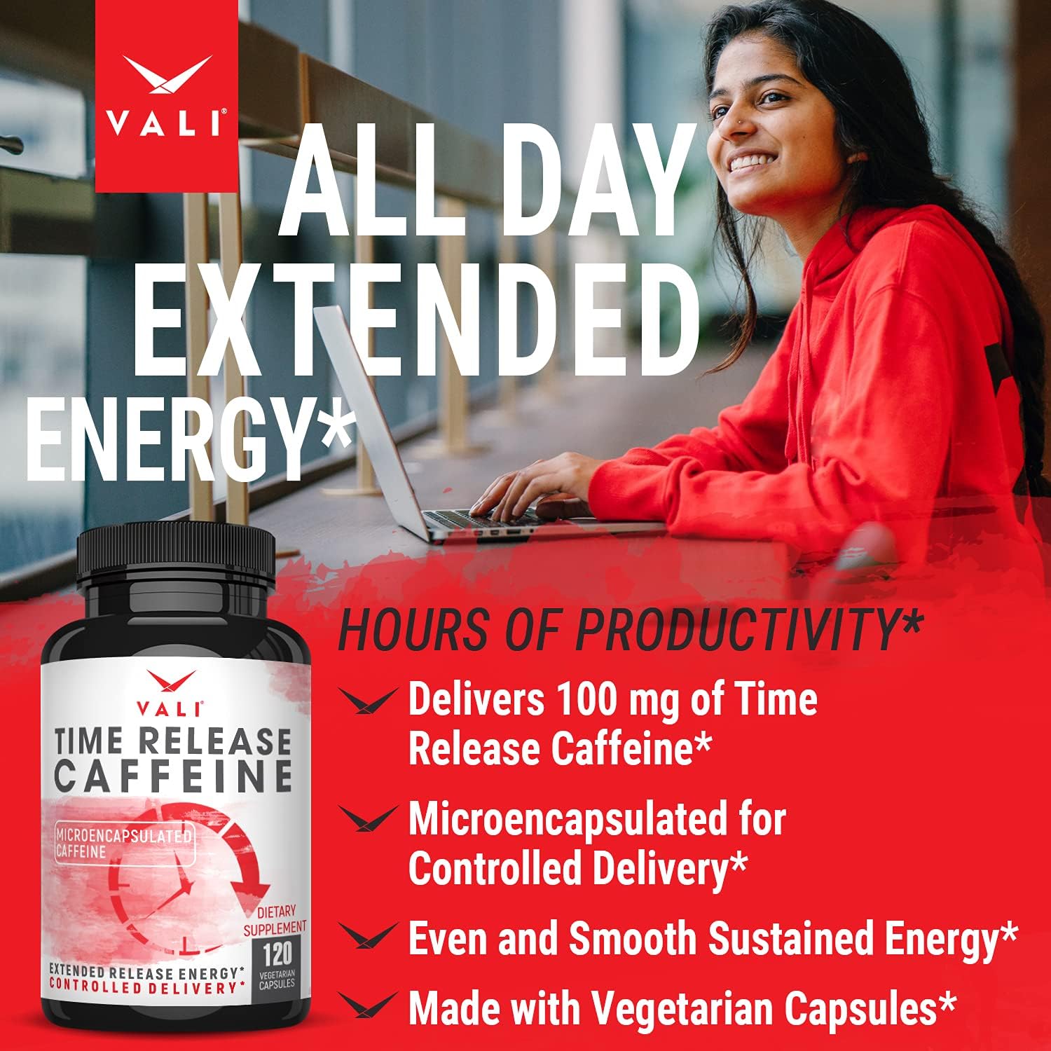 VALI Time Release Caffeine 100mg Pills - Smart Slow Release for Extended Energy & Focus. Advanced Nootropic Supplement. Brain Booster for Active Performance, Alertness & Clarity. 120 Veggie Capsules : Health & Household