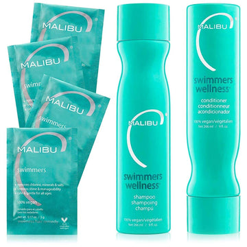 Malibu C Swimmers Wellness Collection - Swimmers Shampoo And Conditioner Set + Hair Mask Packets - Moisturizing, Shine Restoring Hair Care Kit - Protects Hair Discoloration From Pool Elements