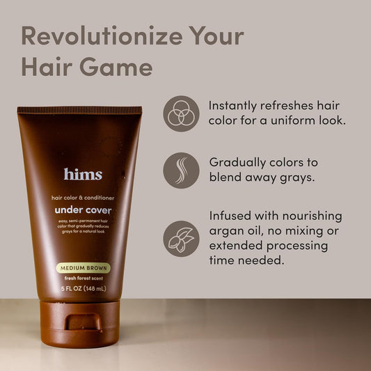 Hims Under Cover Hair Color & Conditioner - Medium Brown Color Conditioner For Men - Semi Permanent Hair Color - Color Depositing, Deep Conditioning, Blends Grays - Fresh Forest Scent, 5 Fl Oz