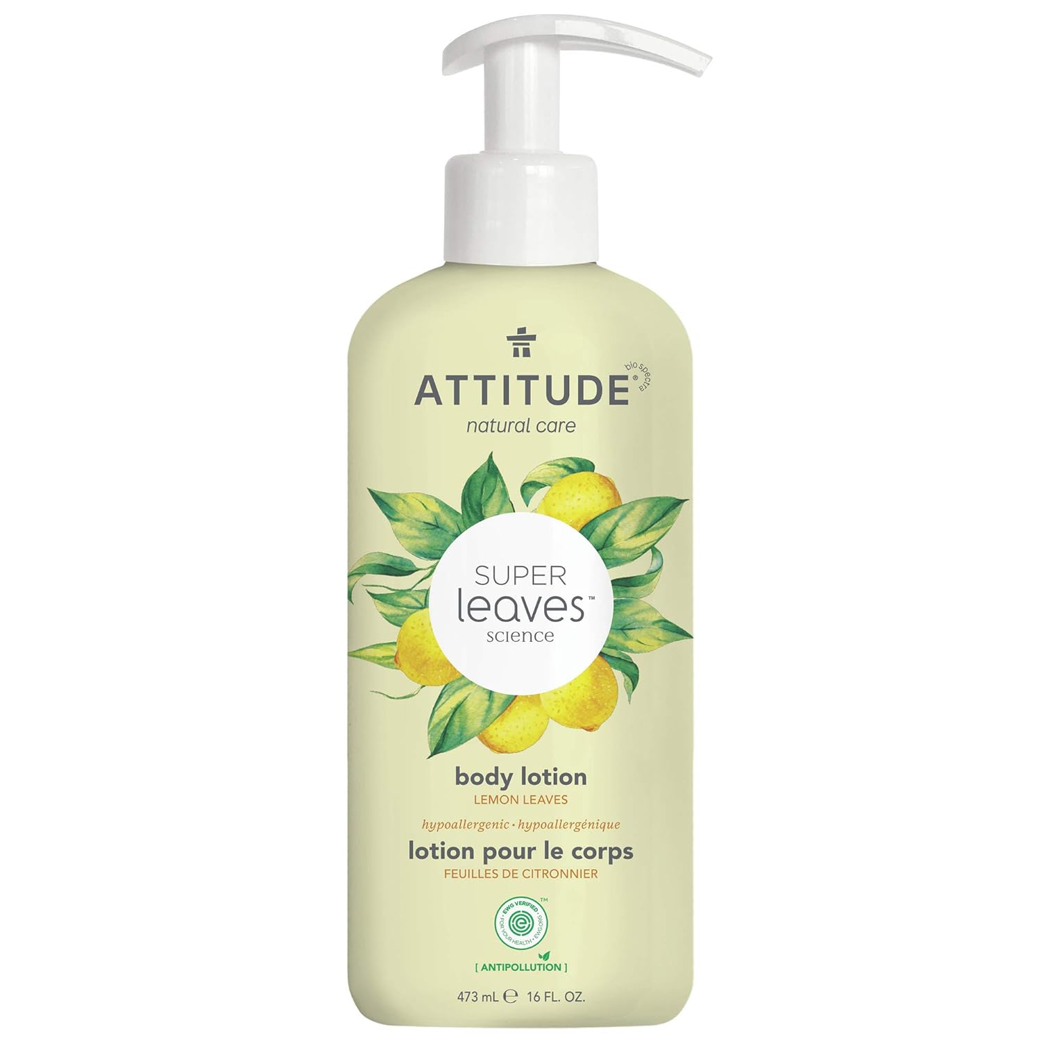 Attitude Body Lotion, Ewg Verified Moisturizer, Vegan Skin Care Products, Non-Greasy, Hydrating For Dry Skin, Cruelty Free, Refreshing, Lemon Leaves, 16 Fl Oz