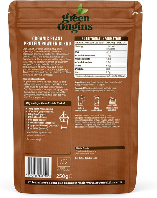 Green Origins Organic Plant Protein Blend Powder 250g : Amazon.co.uk: Health & Personal Care