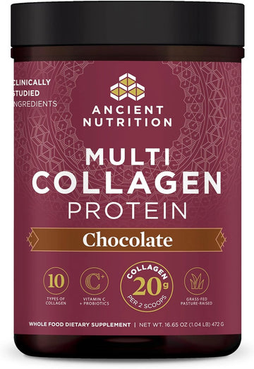 Ancient Nutrition Collagen Powder Protein, Multi Collagen Chocolate Protein Powder, 45 Servings, With Vitamin C, Hydrolyzed Collagen Peptides Supports Skin And Nails, Gut Health, 16.65Oz