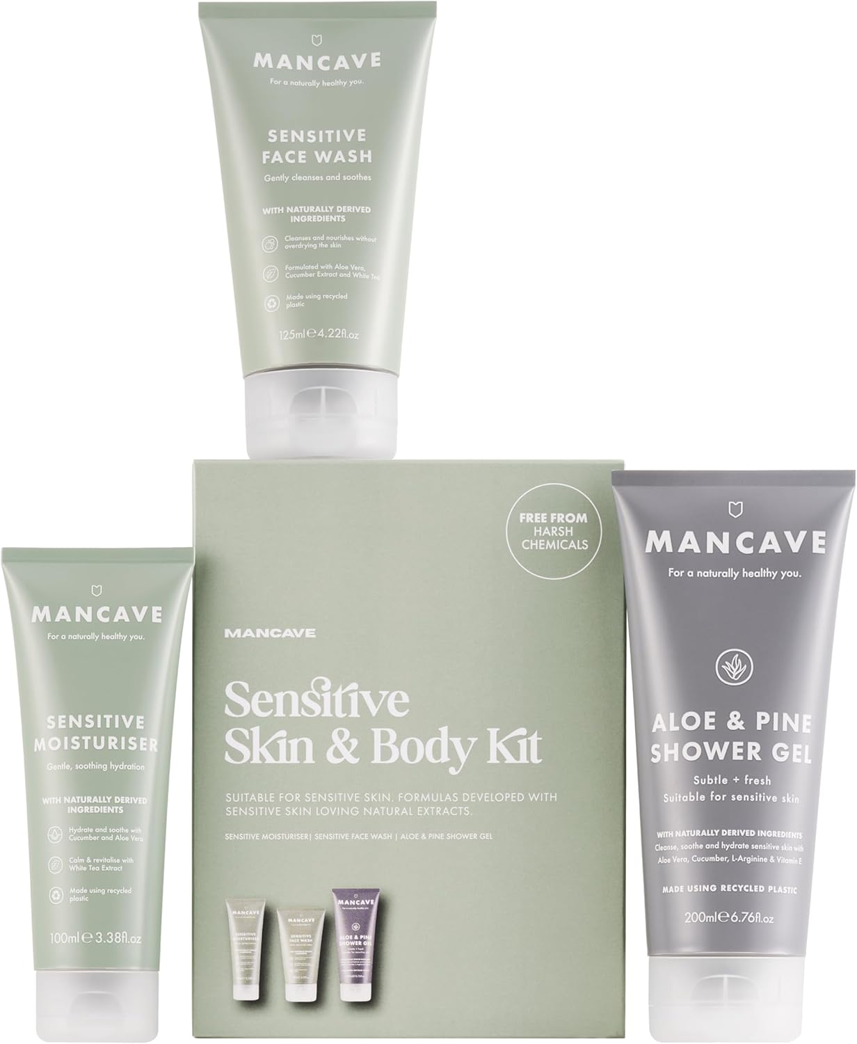 Mancave Sensitive Skin & Body Gift Set, Face Wash, Moisturiser, Shower Gel, Dermatologically Tested, Natural Formulations, Ideal For Travel, Vegan, Made In England, Packaging May Vary