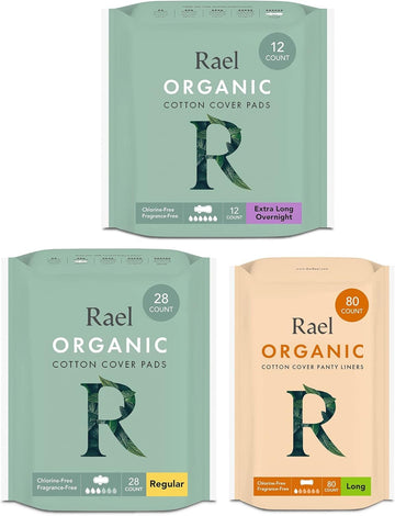 Rael Period Bundle - Extra Long Overnight Pads (12 Count) & Regular Pads (28 Count) & Long Liners (80 Count)