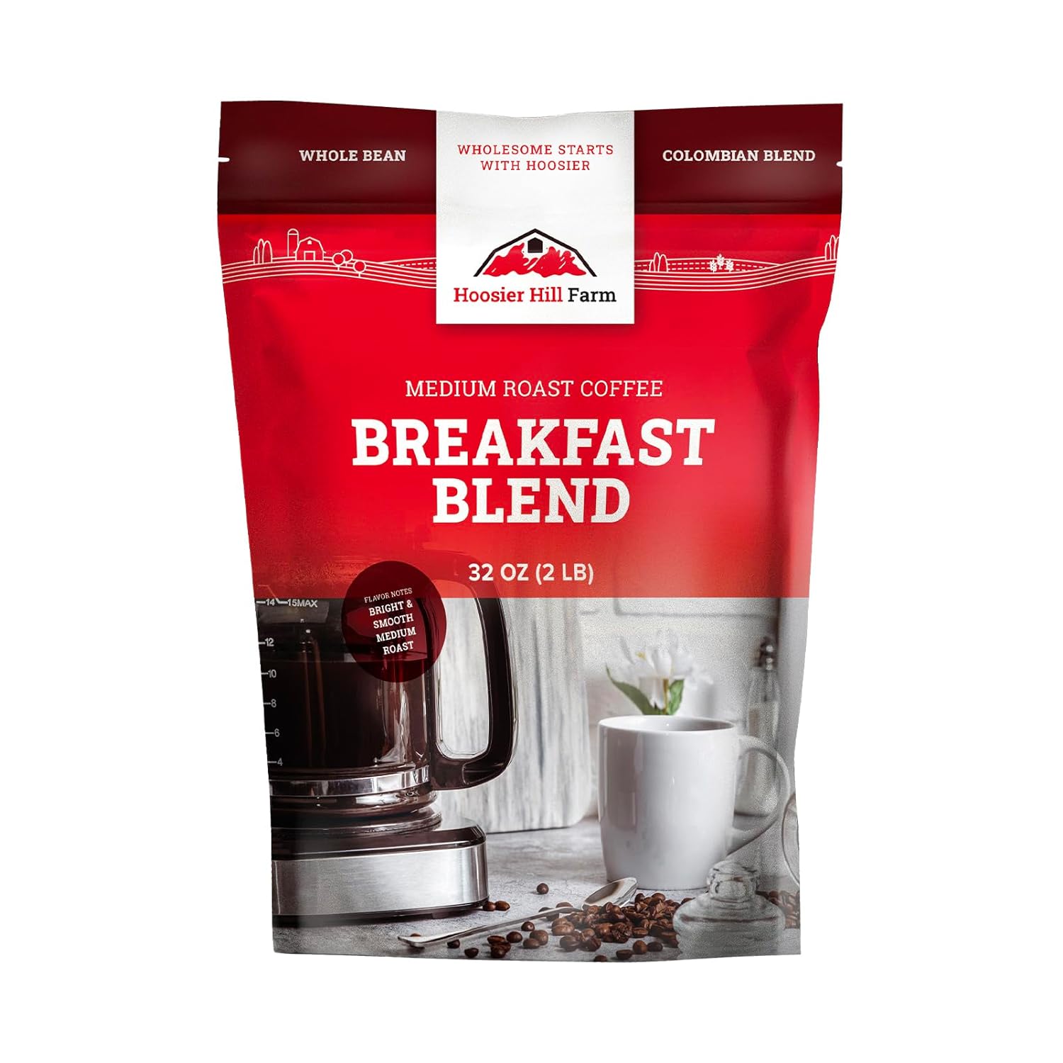 Hoosier Hill Farm Breakfast Blend Whole Bean Coffee, Medium Roast, 32oz (2LB), Resealable Bag